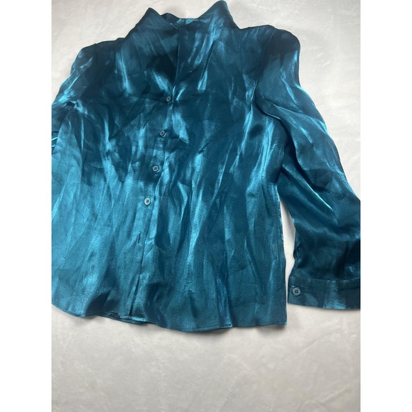 Joan Leslie Woman Blouse Womens 16W Blue Shiny Button Front Collared Evening Top - Picture 4 of 14